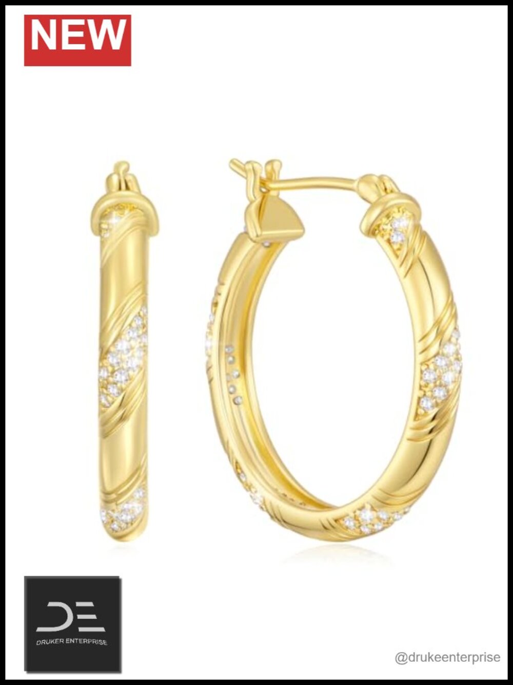 14K Gold Plated Pavé CZ Hoop Earrings Women Latch Back 25mm